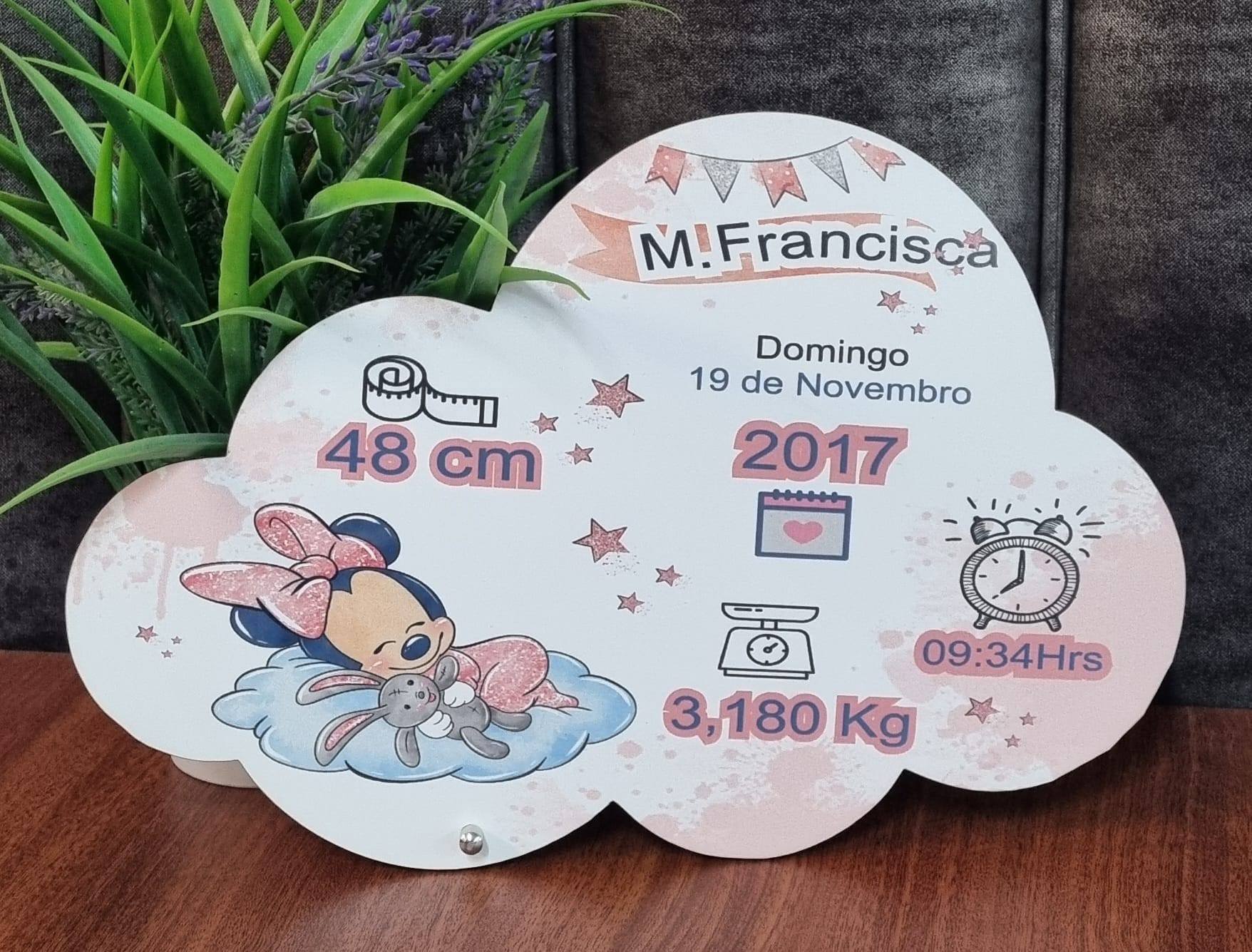 Placa em forma de nuvem com dados de nascimento