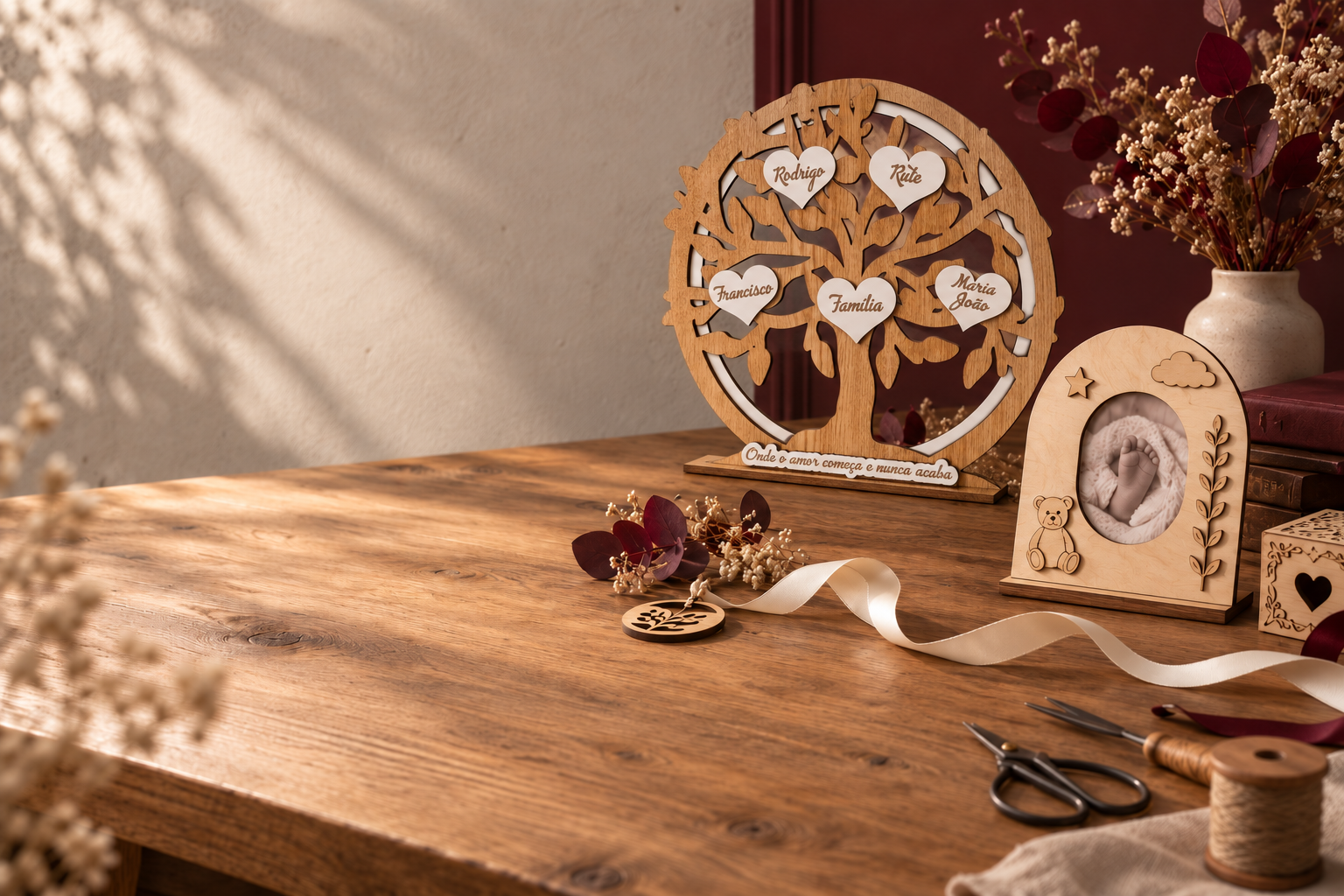 Árvore da Vida personalizada da 100Laços numa mesa de atelier